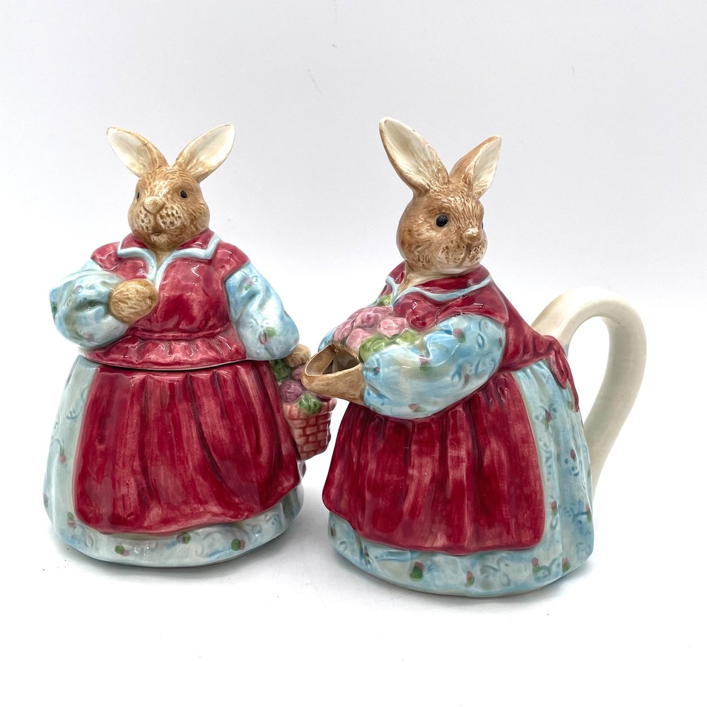 Otagiri The Edith Collection Rabbit Milk Sugar Creamer Set Blue Red Good Vintage